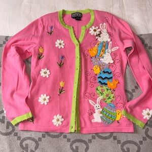 VTG Berek Pink Easter Cardigan with Bunny and Egg Embroidery